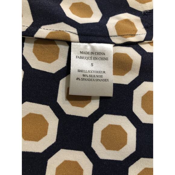 Theory Navy Blue Mustard Yellow Lorrie Silk Blend Geometric Blouse Size S - Picture 4 of 5